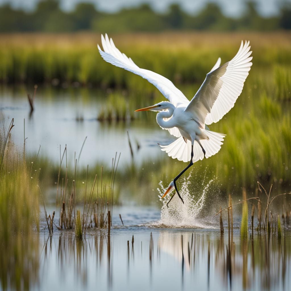 White Heron Takes Flight: Marsh Photography