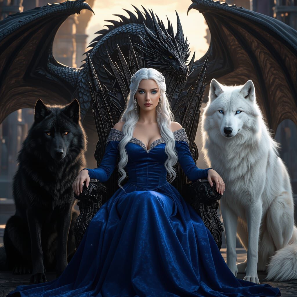 Regal Silver-Haired Woman With Dire Wolves And Dragon