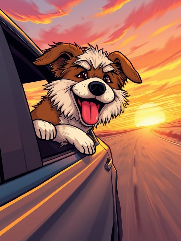 Dog's Joyful Ride: Comic Book Style Illustration