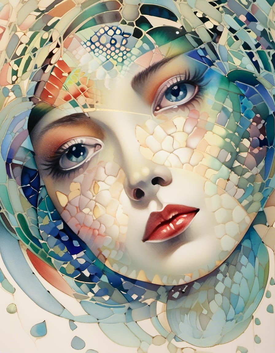 Art Deco Watercolor Portrait of a Girl