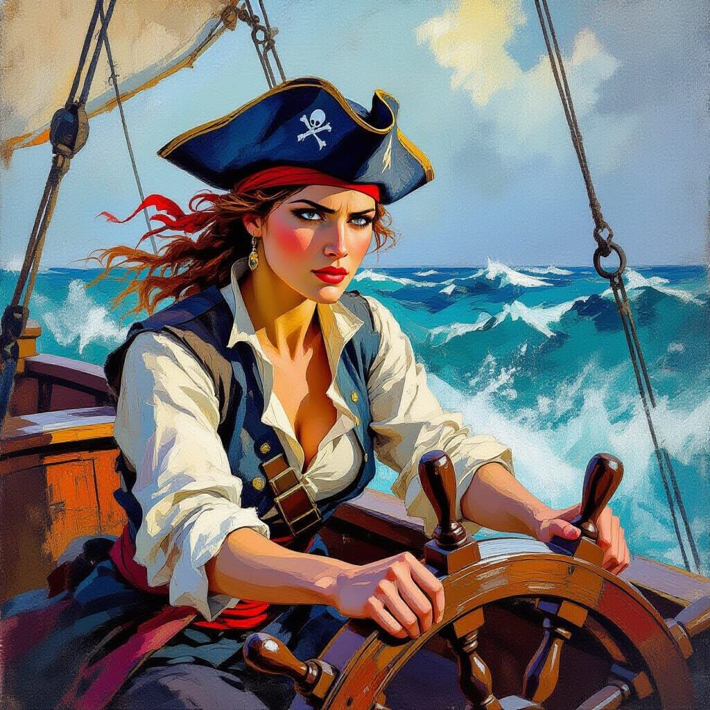 Pirate Woman Navigates Stormy Seas in Abstract Art Style