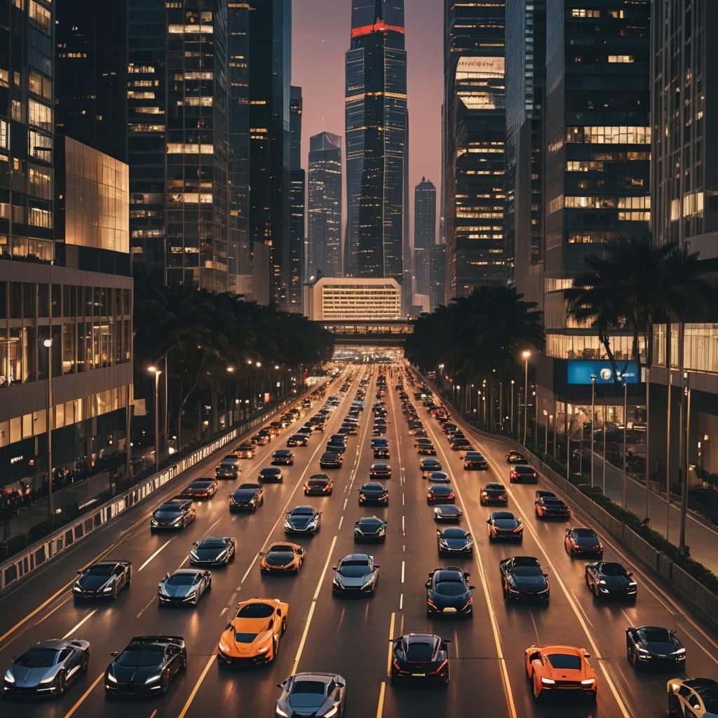 High-Performance Cars Race Through City at Sunset