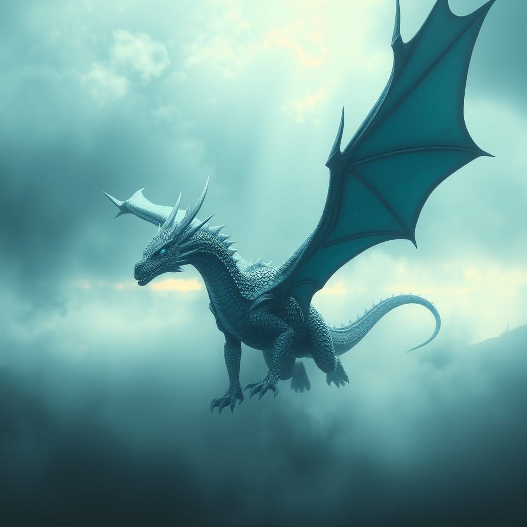 Iridescent Dragon Soaring Through Misty Skies