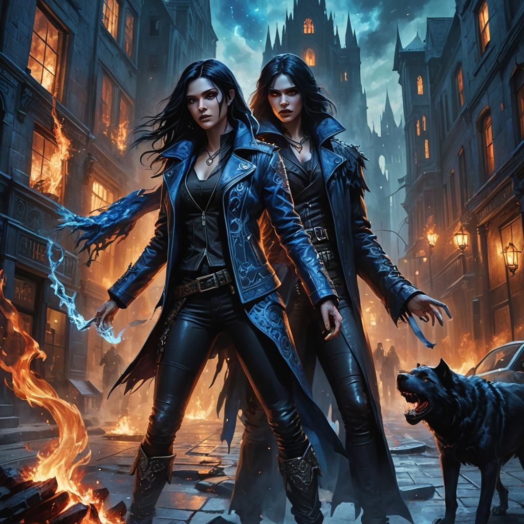 Fantasy Woman Summons Fire and Ice in Gothic Cityscape