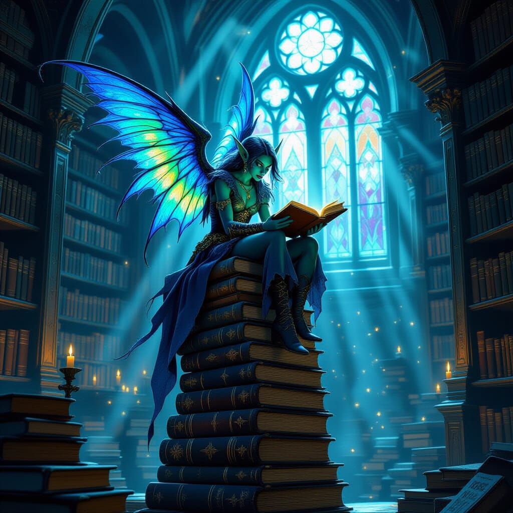 Imp in Mystical Library: Dark Fantasy Art