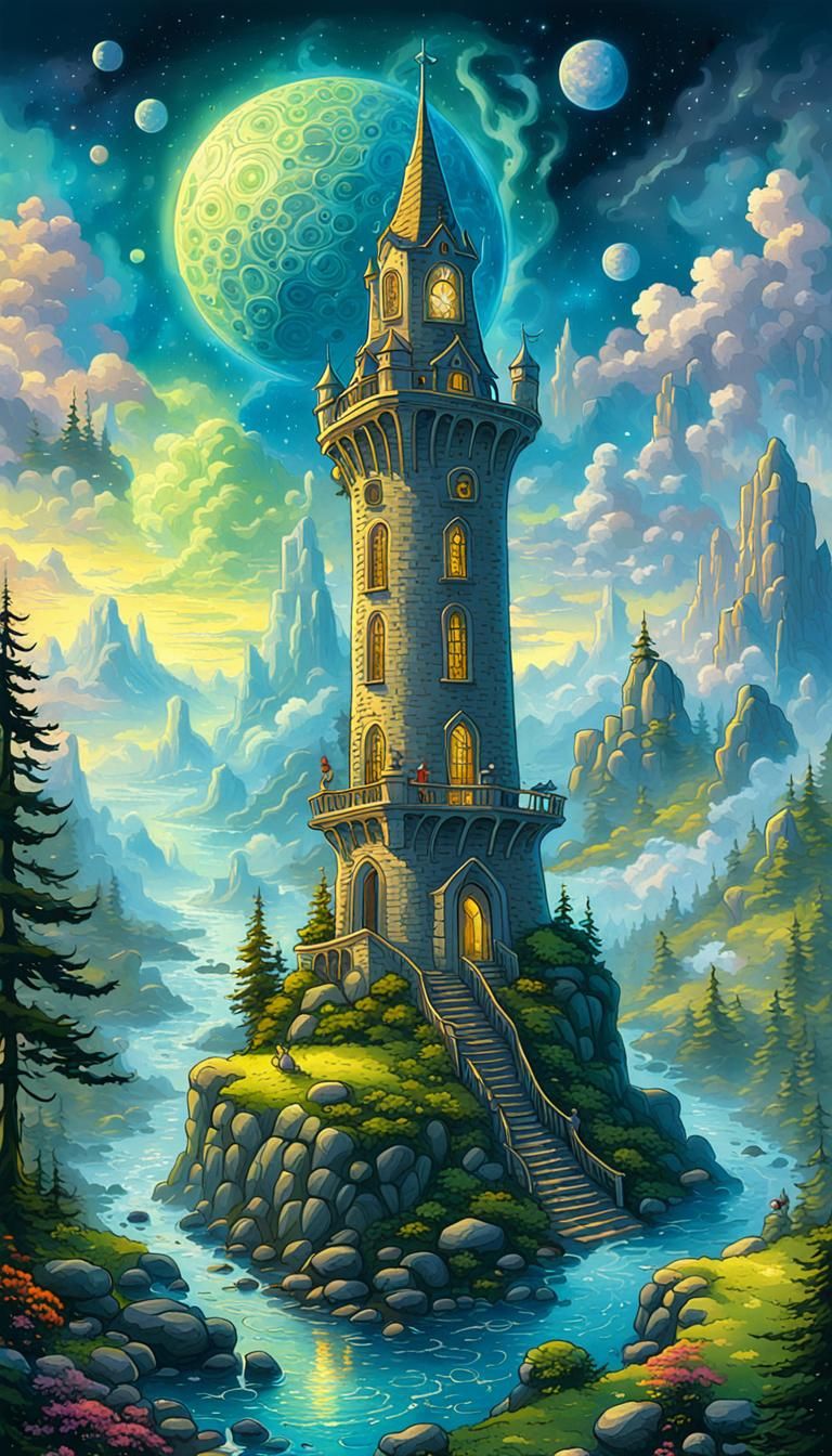 Alien Tower Tarot Card in Cartoon Style