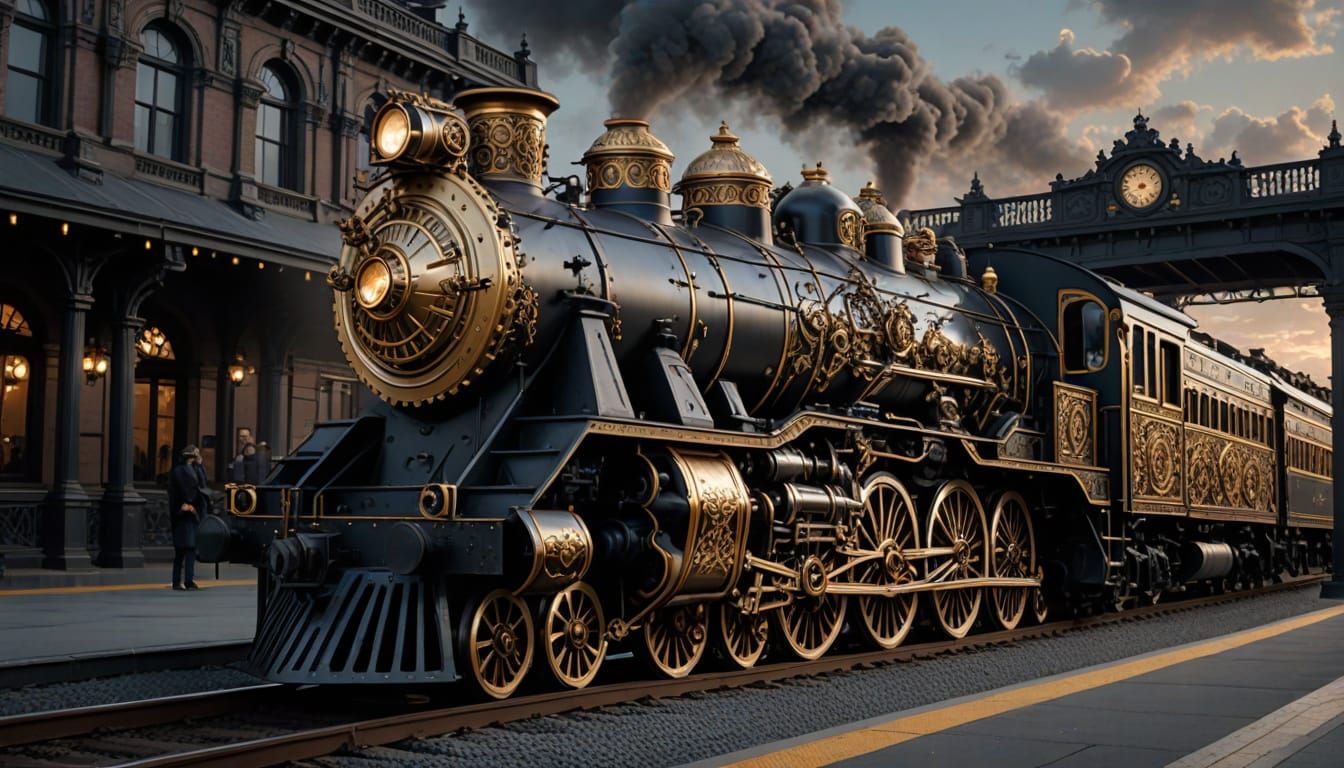 Ornate Steampunk Train with Gold Mechanical Designs