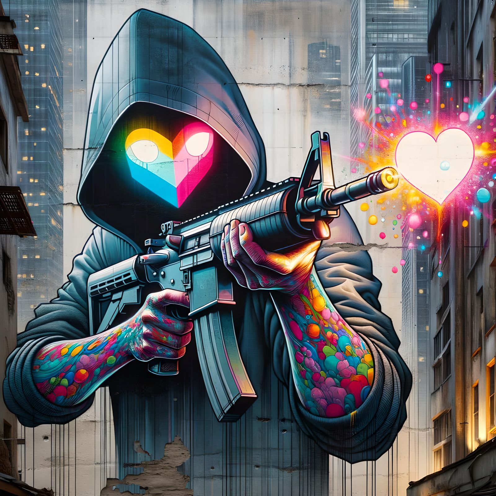 Cyberpunk Street Art: Hooded Figure Shooting Heart