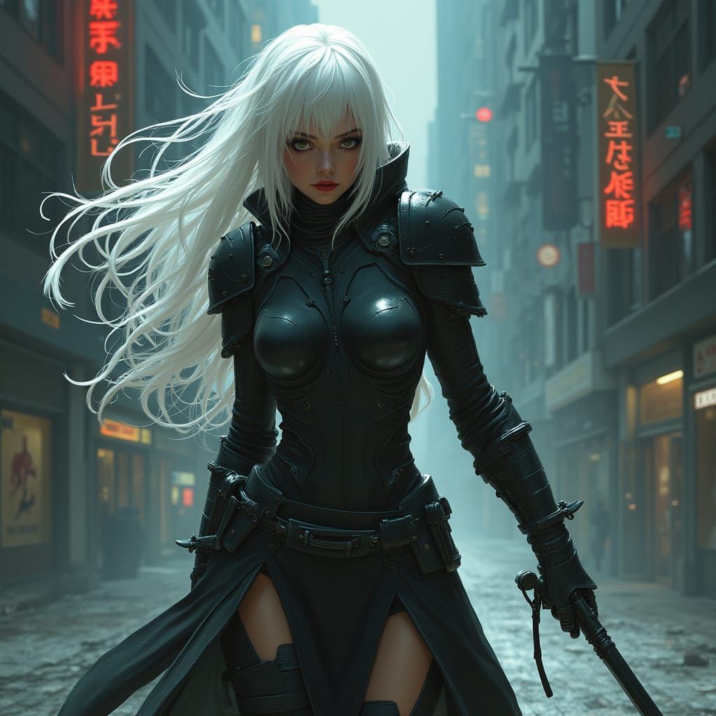 Grimdark Sci-Fi Assassin in Cyberpunk Cityscape