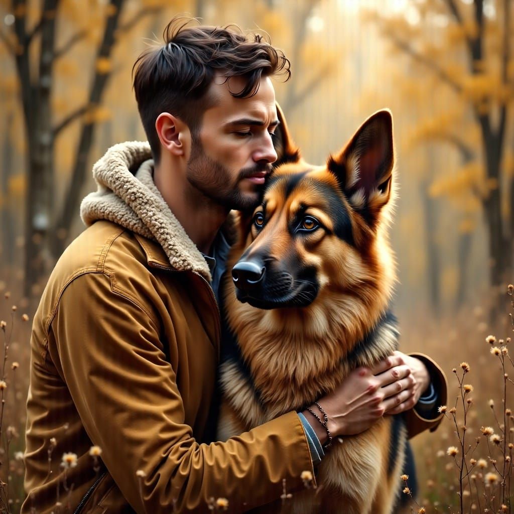 Man Hugs German Shepherd in Serene Woodland