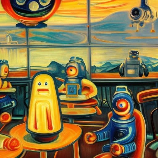 Robots Enjoy Coffee in Space: Munch-Inspired Art
