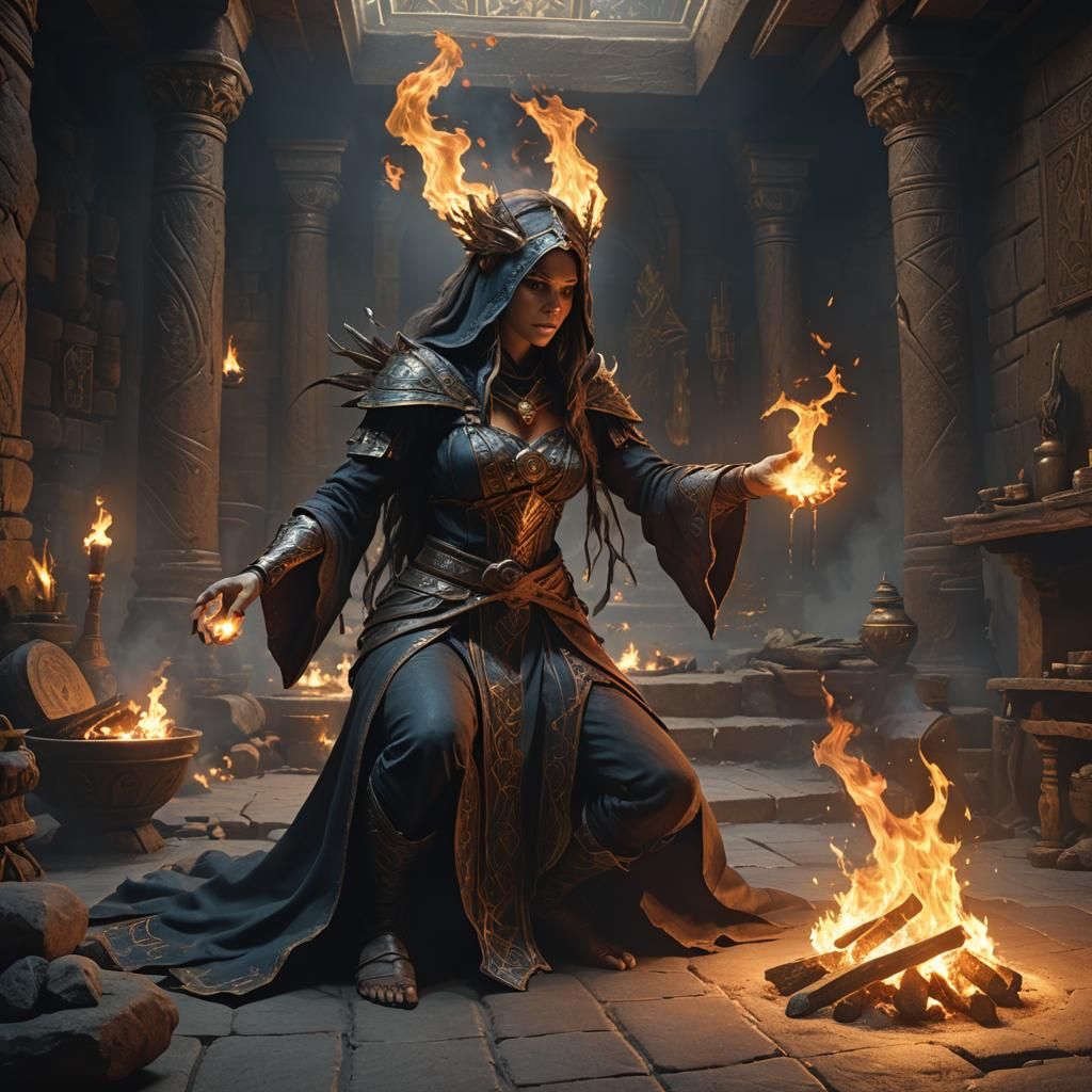 Sorceress Summons Fire Elemental: Dark Fantasy Concept Art