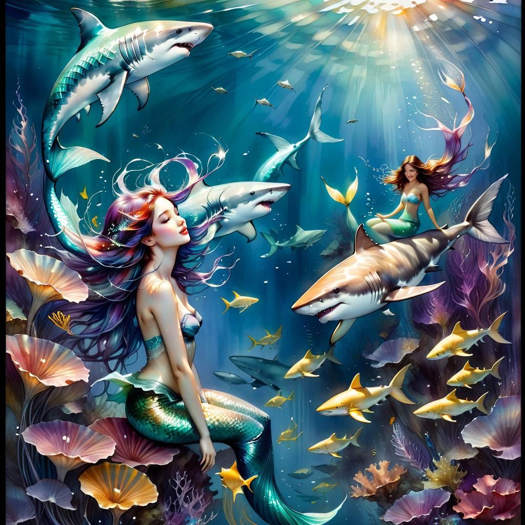 Mermaid with Shark Fairies in Digital Watercolor Style