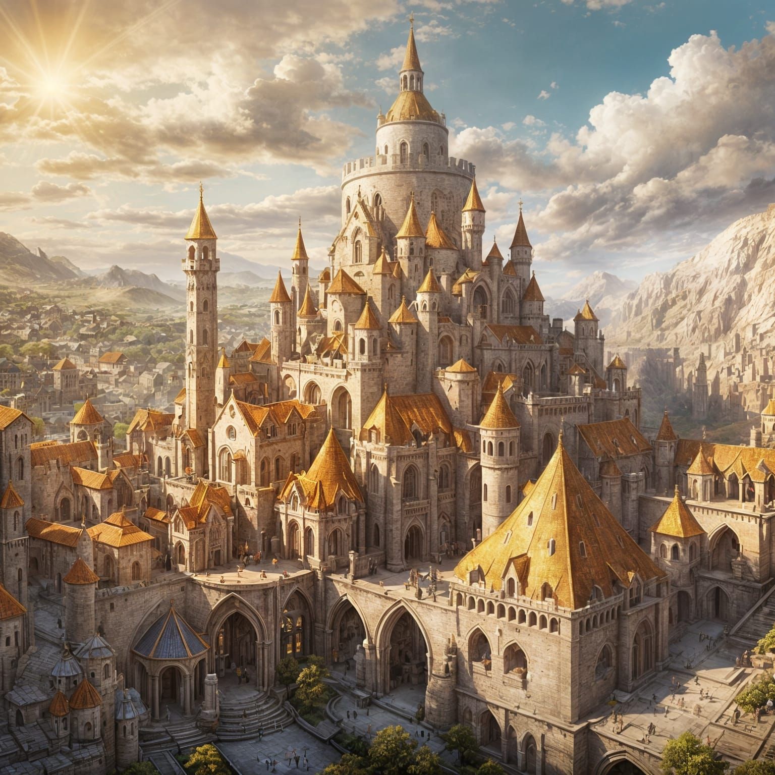 Fantasy City with Golden Spire, Detailed Matte Painting
