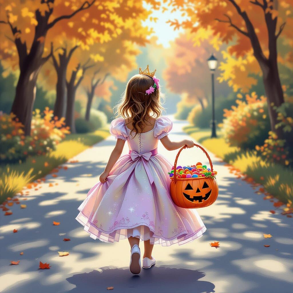 Girl in Princess Dress with Candy Basket on Autumn Road