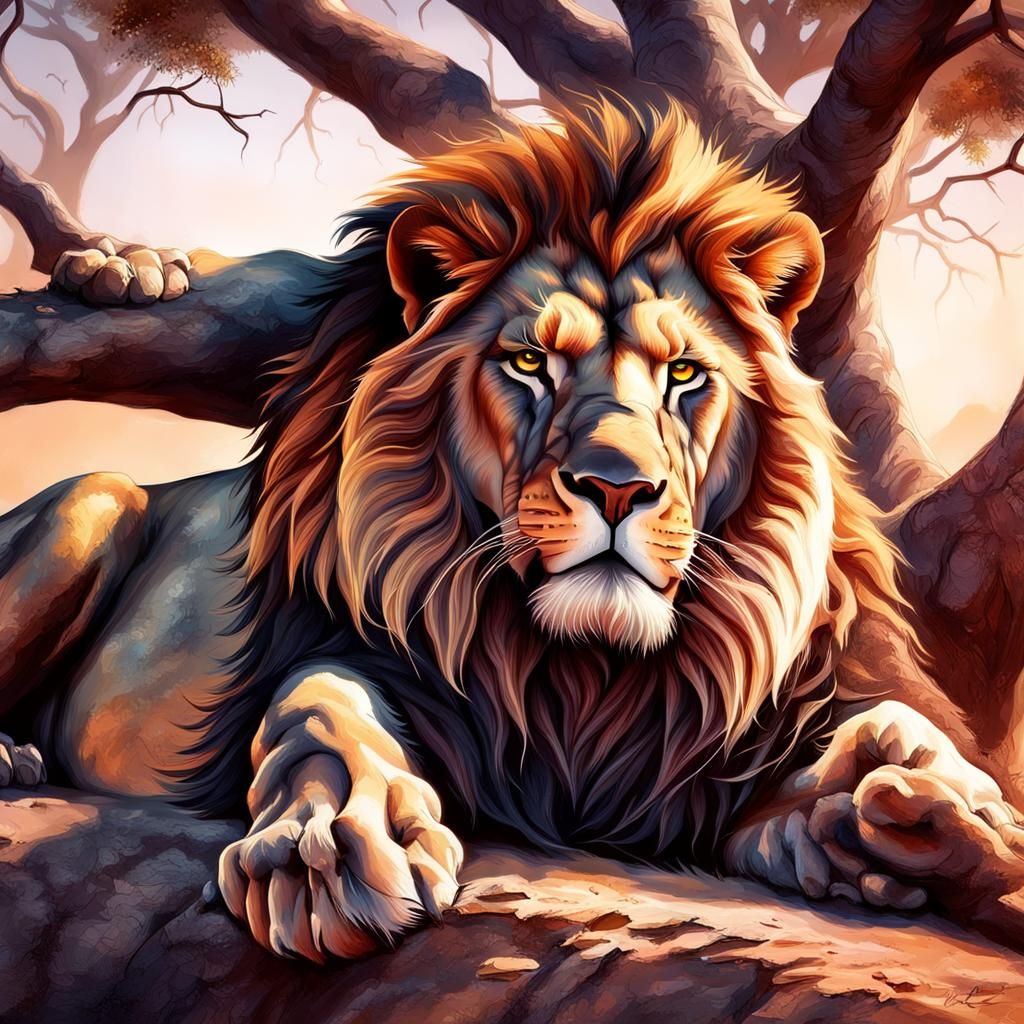 Lion Lounging in Tree: Hyperrealistic African Scene