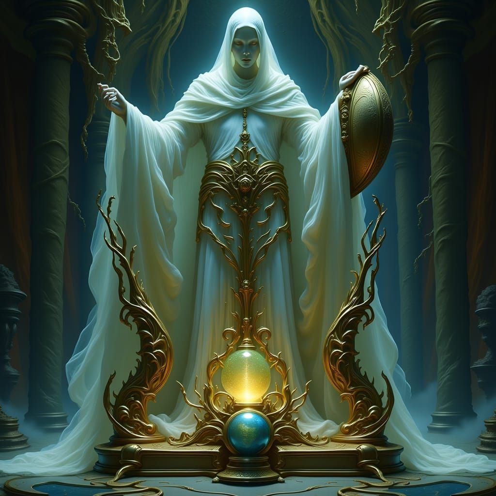 Ghostly Knight Guards Ornate Casket With Crystal Ball