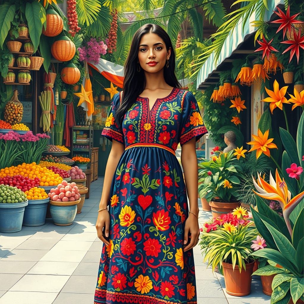 Woman in Embroidered Dress: Mural and Collage Art