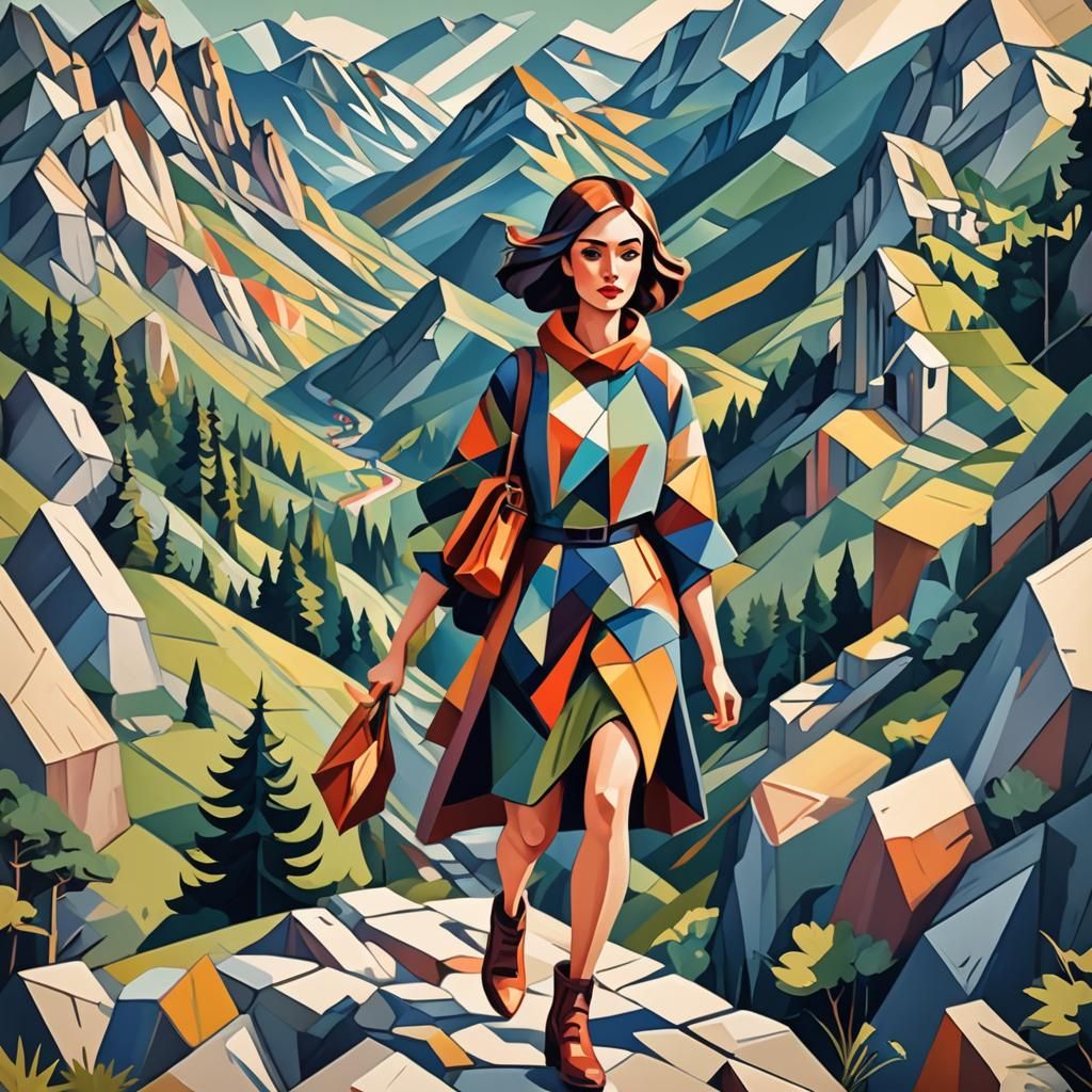 Geometric Cubist Girl Walking in Mountains