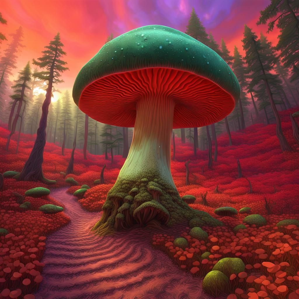 Surreal Green Mushroom in Red Forest, Digital Art