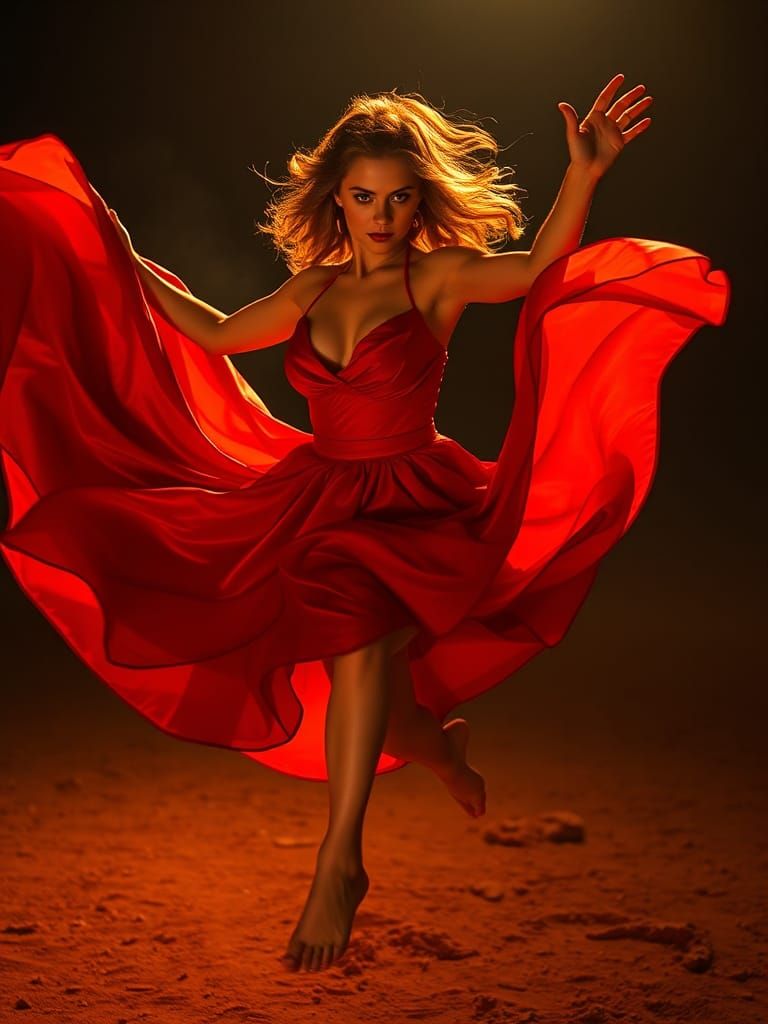 Fiery Dancer in Crimson Dress: Hyperrealistic Digital Art