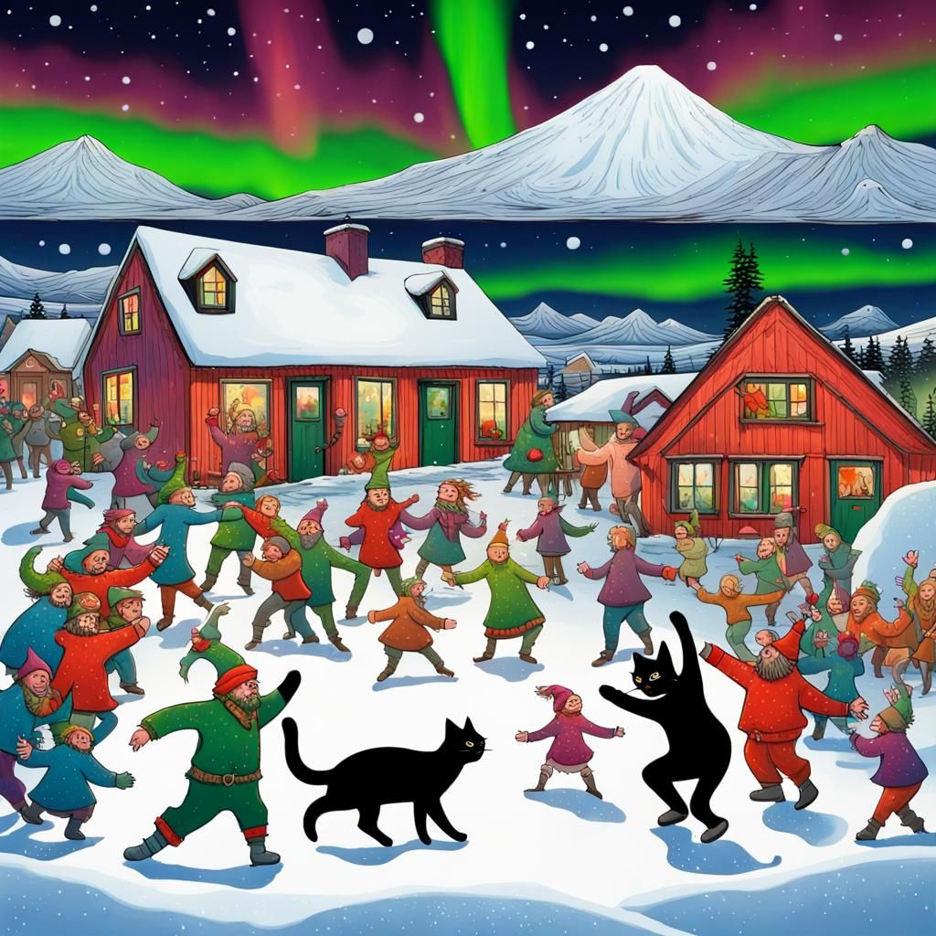 Festive Icelandic Village Under Menacing Yule Cat