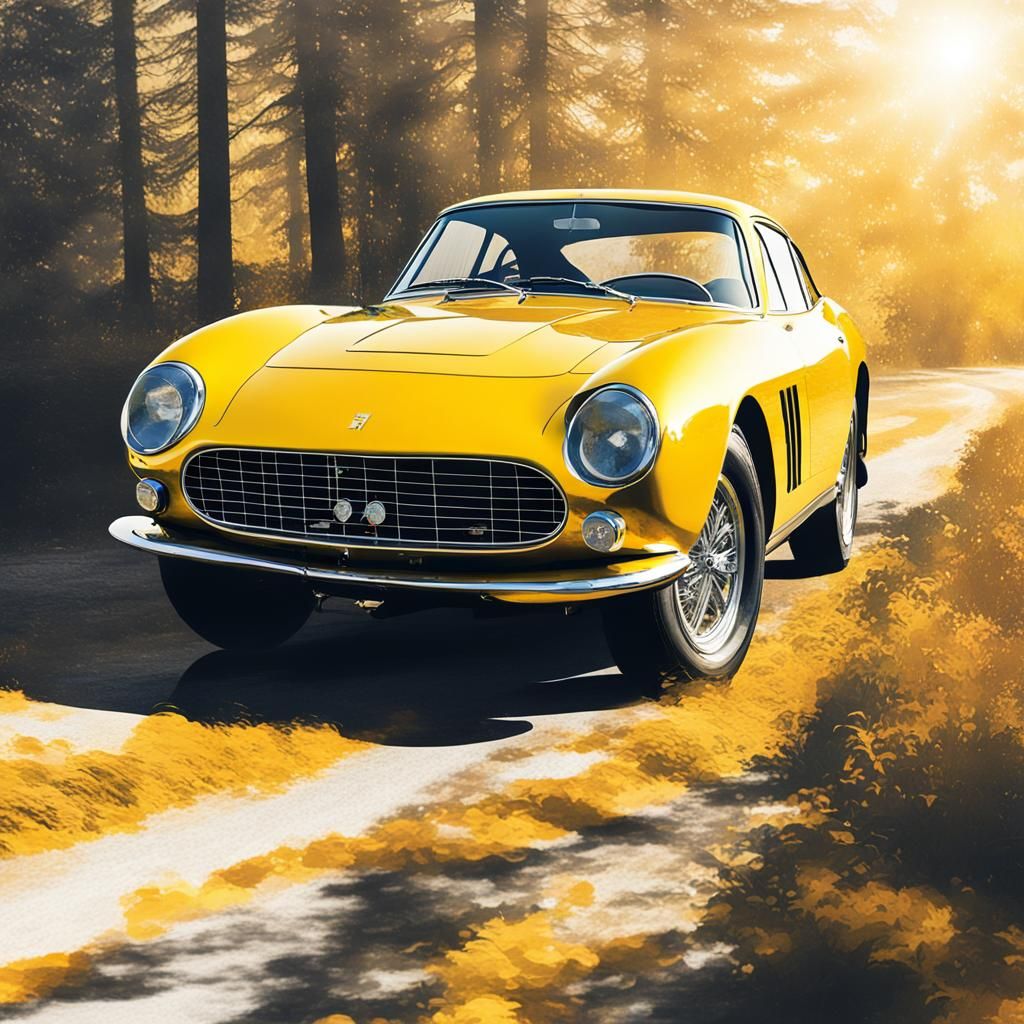 Yellow Ferrari Coupe in Double Exposure Silhouette