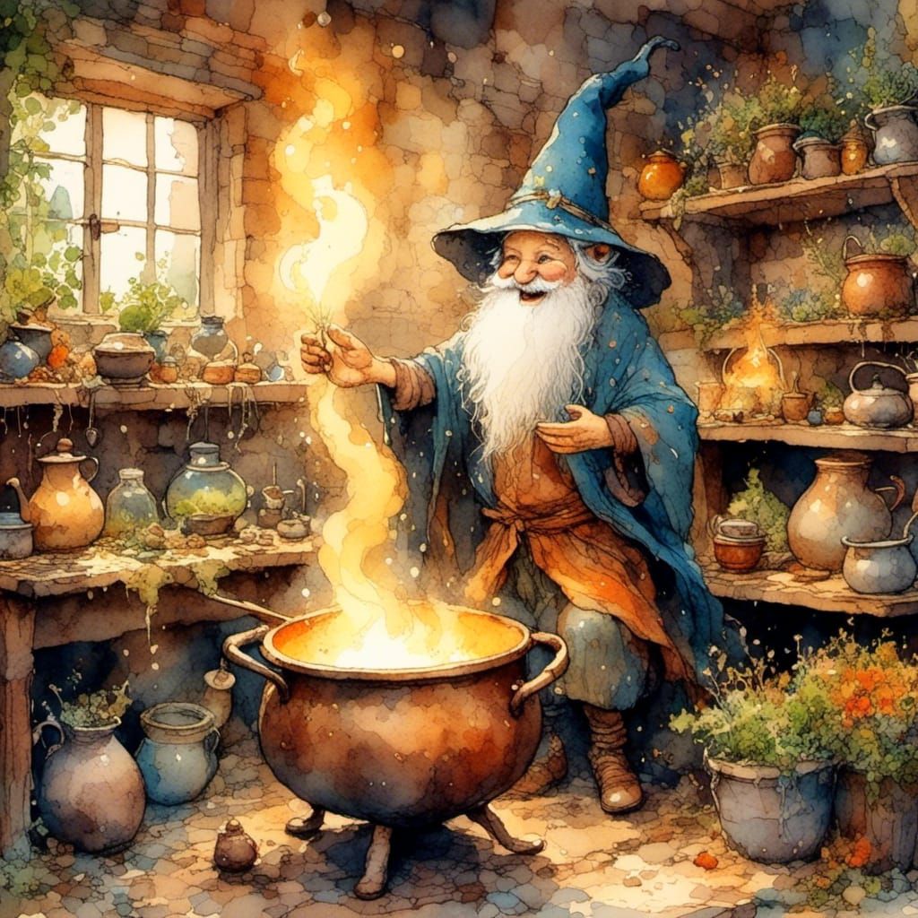 Charming Wizard in Cozy Workshop Illustration