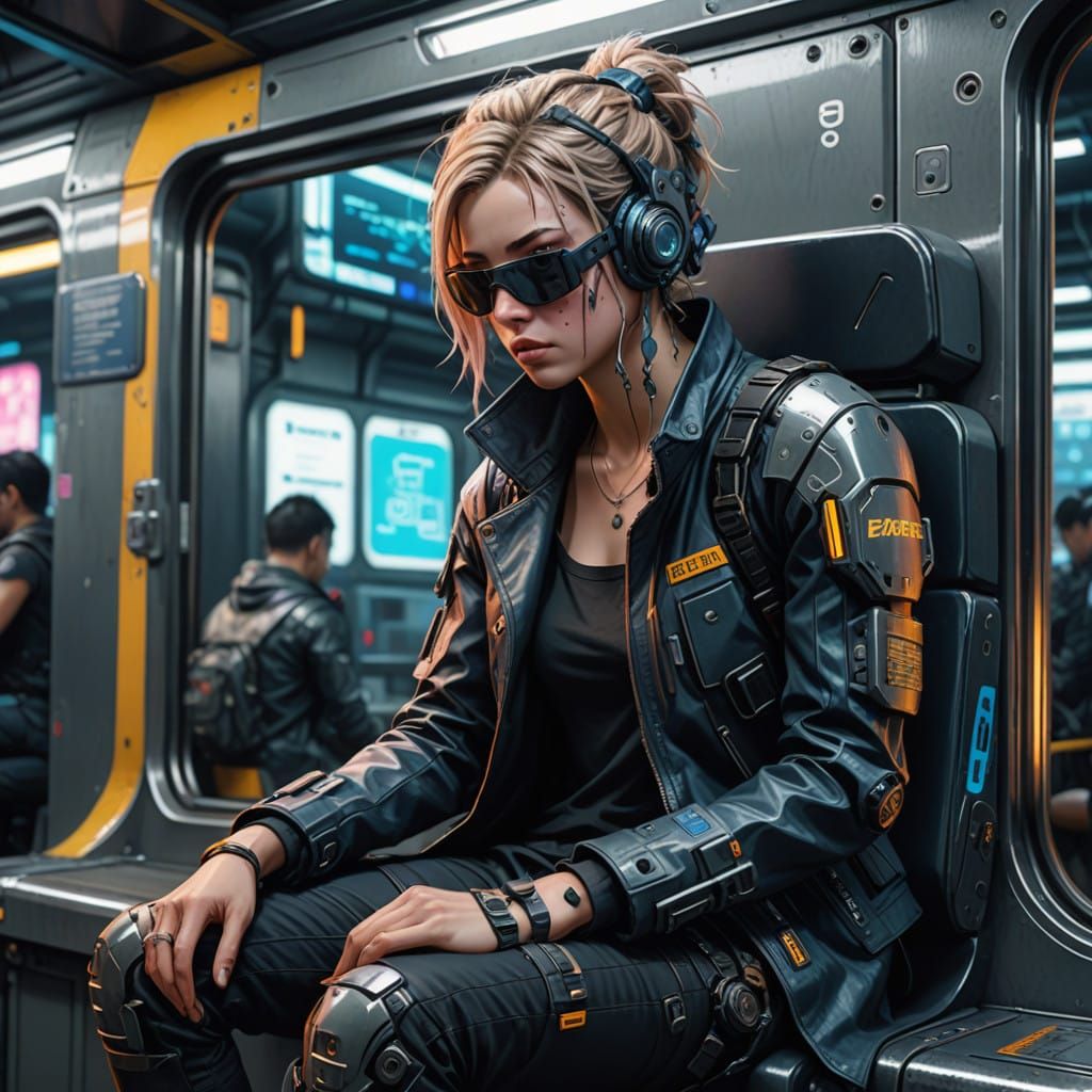 Cyberpunk Teenager in Neon-Lit Subway Car