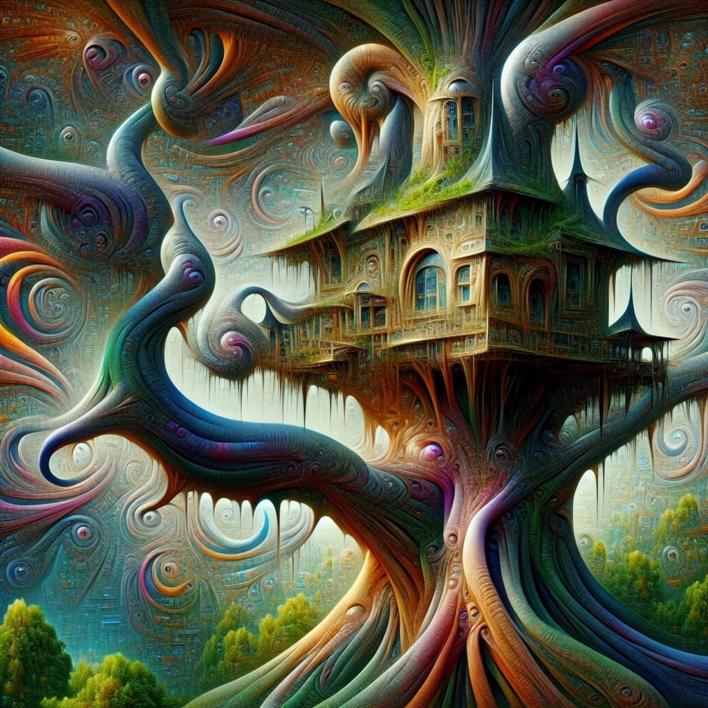 Surreal Tentacle Treehouse in a Chaotic Sky