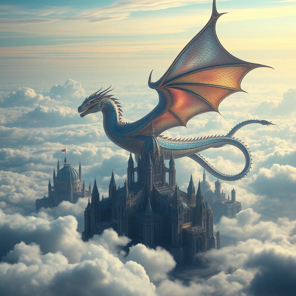 Mystical Futuristic City in the Sky with Majestic Dragon