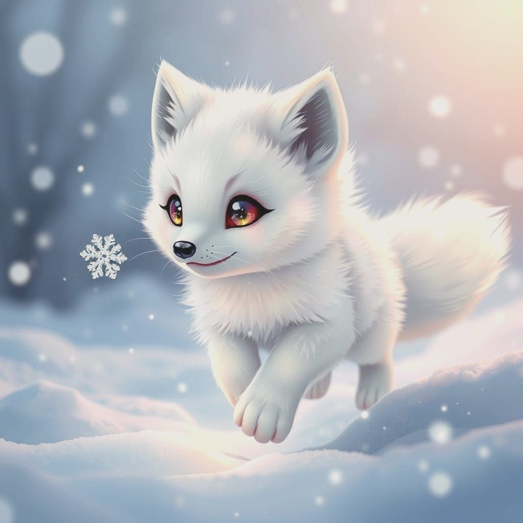 Whimsical Arctic Fox Sprints Through Sparkling Snow