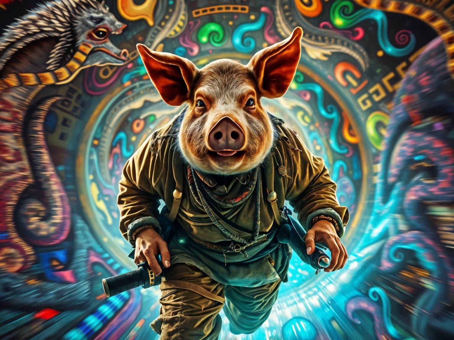 Psychedelic Pig-Man Travels Through Light Vortex