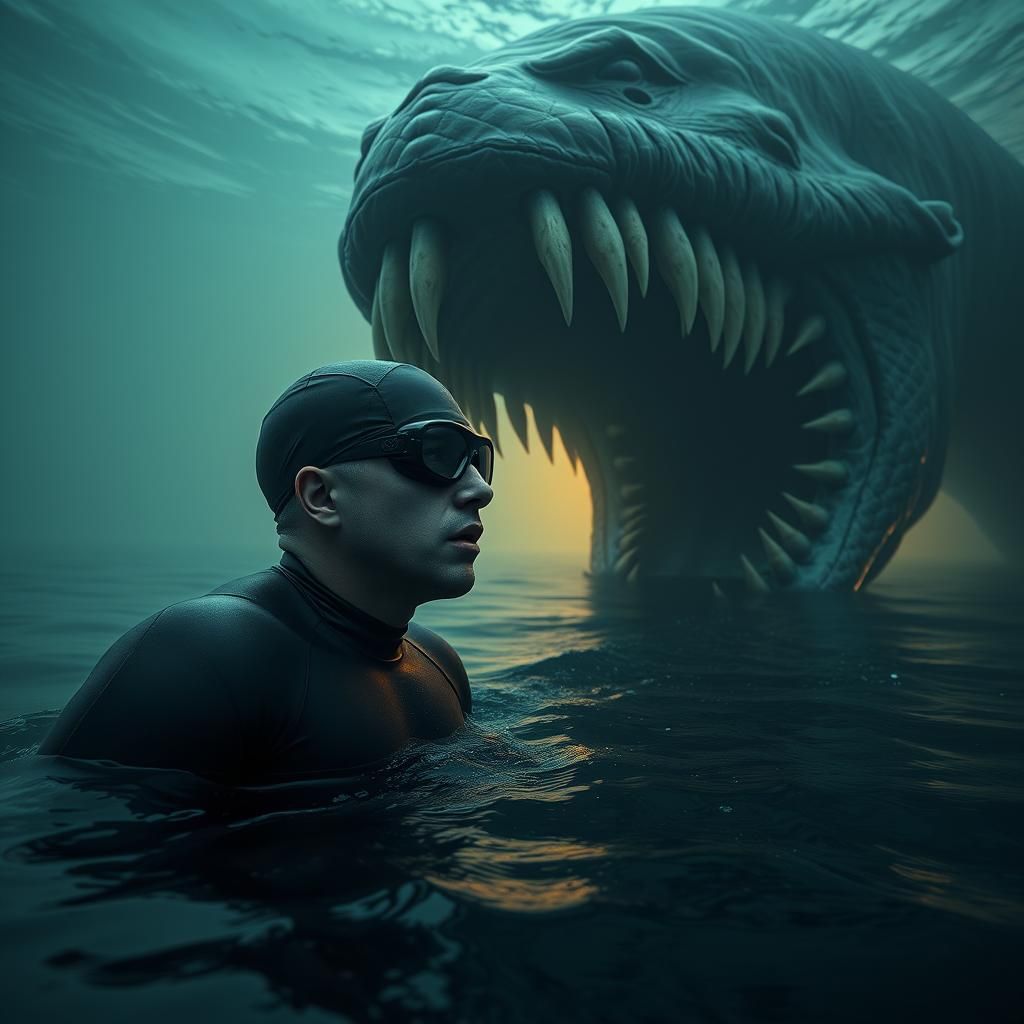 Underwater Nightmare: Swimmer Meets Lovecraftian Sea Monster