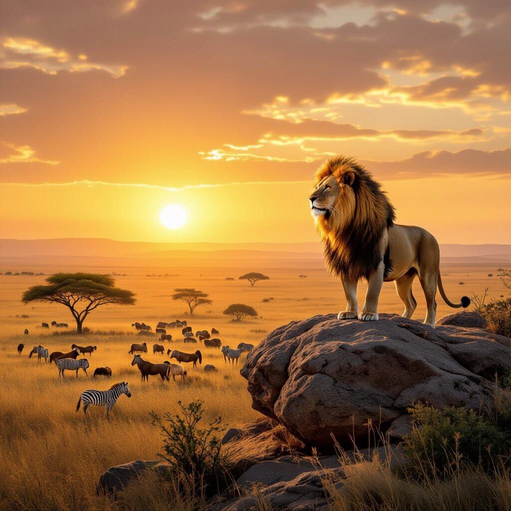 Lion Overlooking African Savanna in Painterly Realism
