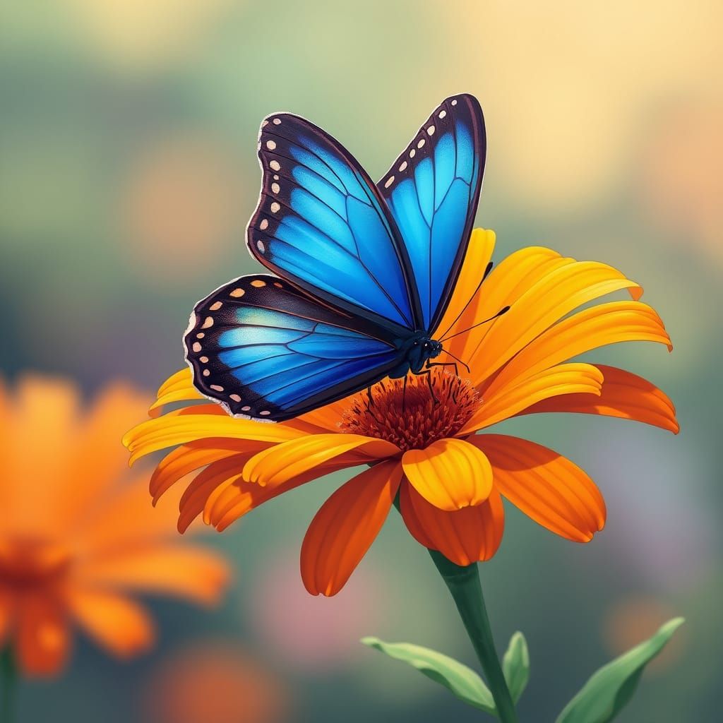 Vibrant Blue Butterfly Perches on an Orange Blossom in a Cin...
