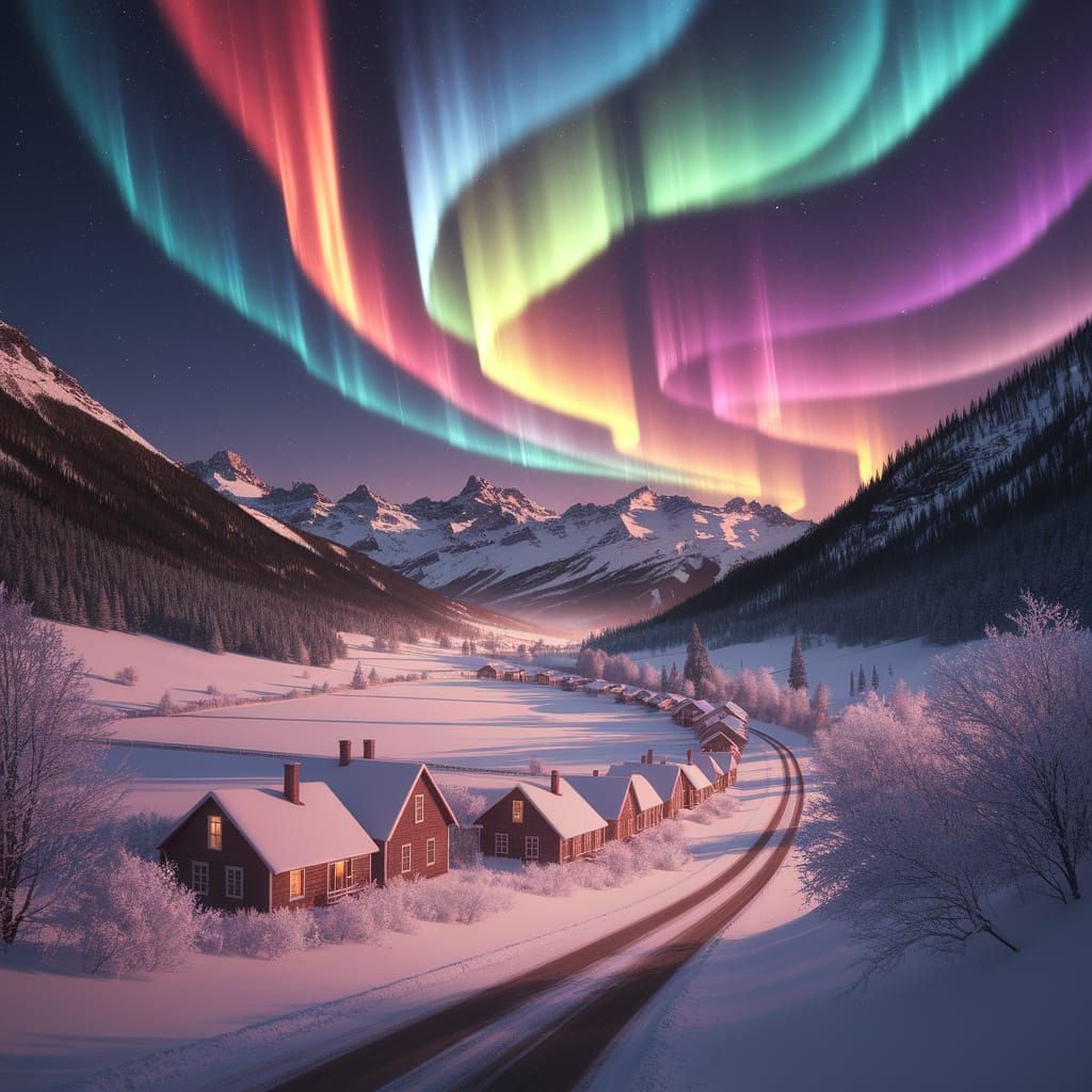 Aurora Borealis Over Snowy Valley Farmland