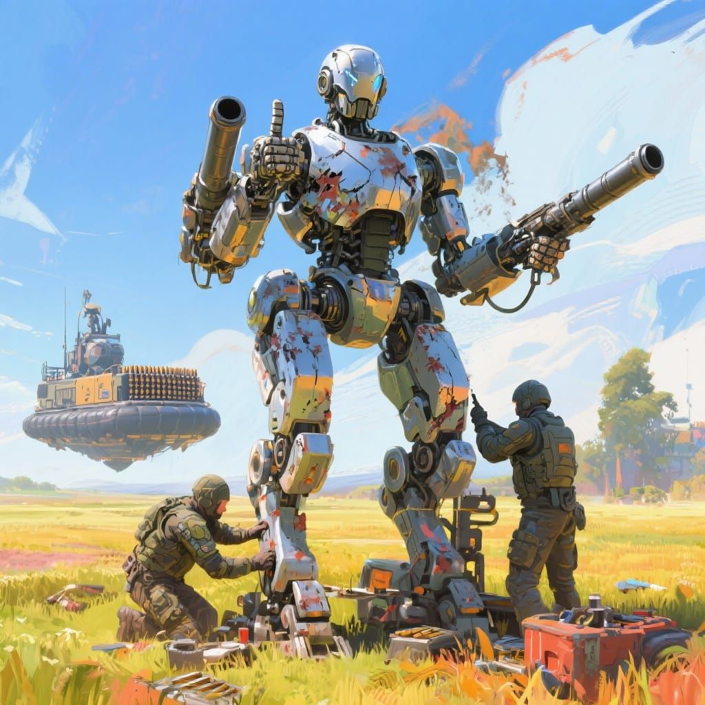 Damaged Mech Warrior Gets Field Repairs