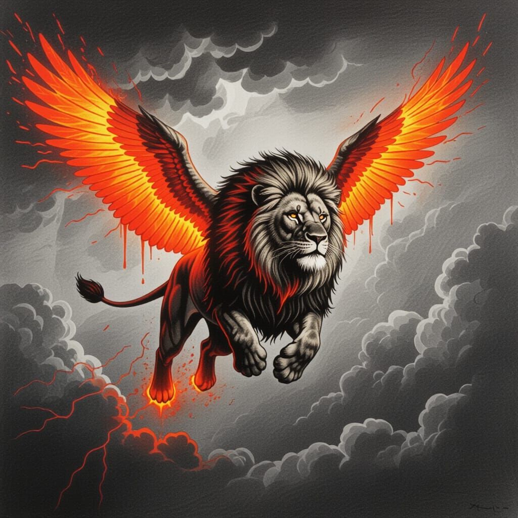 Lion with Lava Wings Soaring Through Stormy Skies