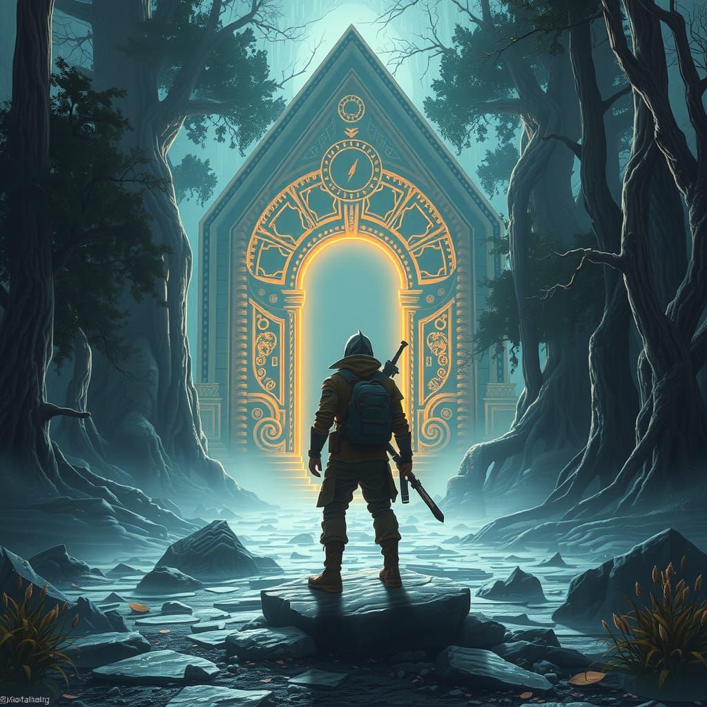 Adventurer at Luminous Gateway in Dreamlike Landscape