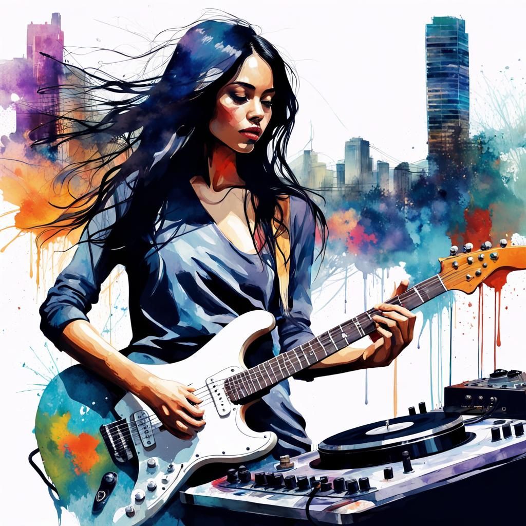 Double exposure merging cityscapes with Brazilian beautiful long black hair young woman playing electric guitar