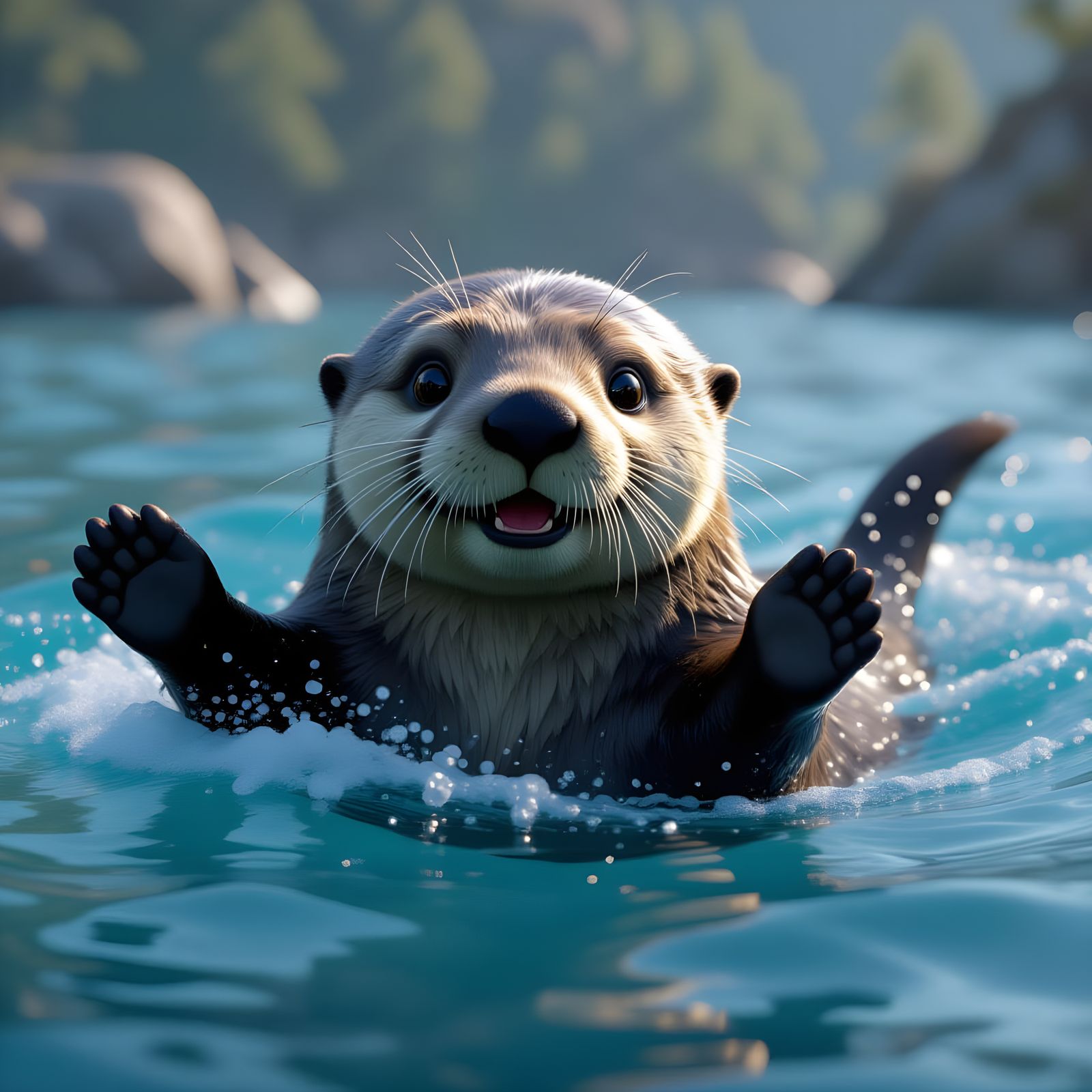 Playful 3D Sea Otter Swims in Cinematic Water