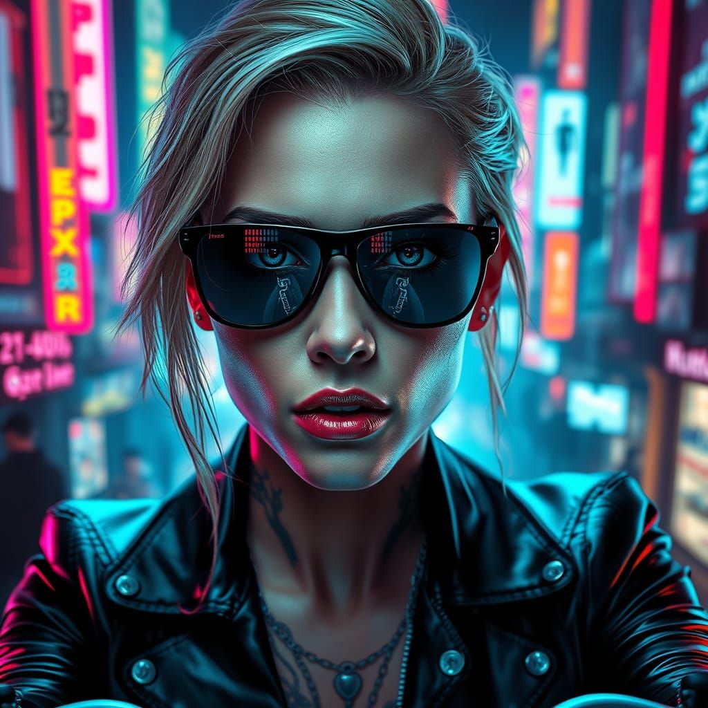 Glowing Cyberpunk Hacker in Futuristic Cityscape
