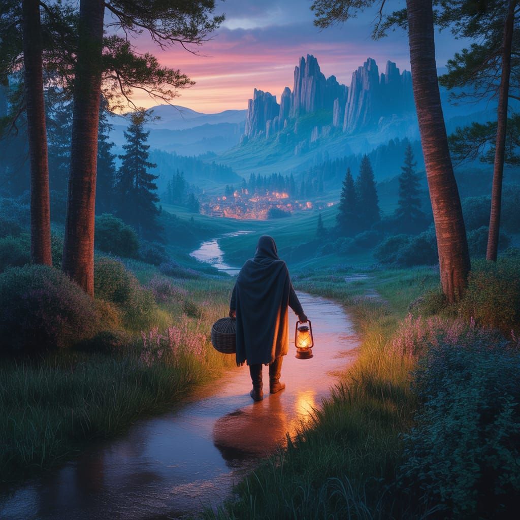 Lone Traveler on Forest Path in Fantasy Art Style