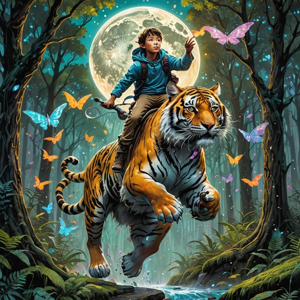 Boy on Tiger with Holographic Fairies, Graffiti Art