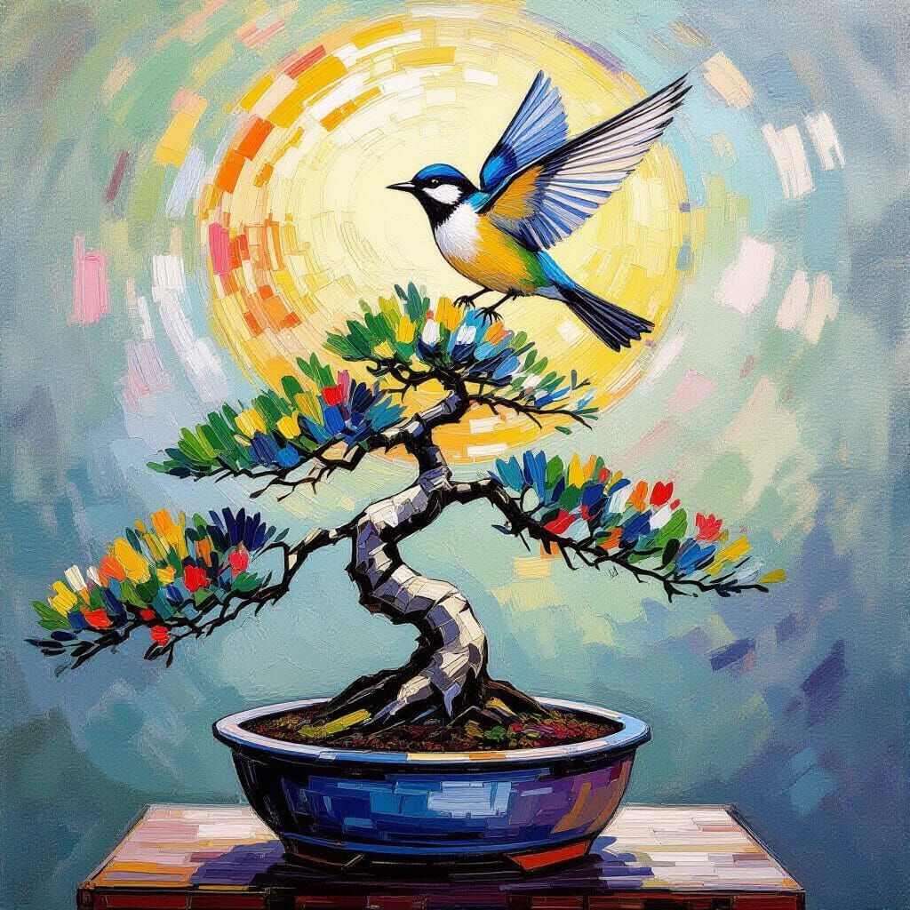 Bonsai Tree with Bird in Neo-Impressionistic Style