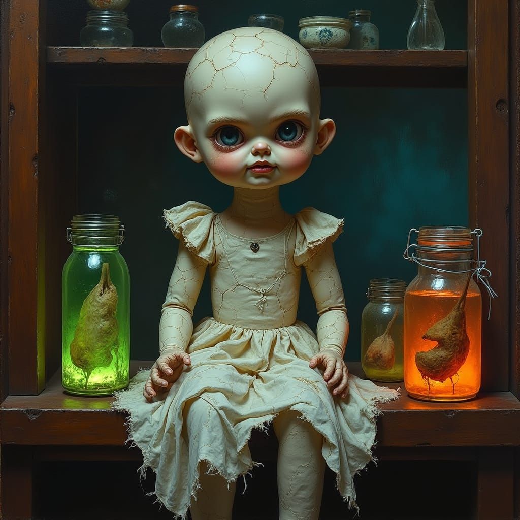 Surreal Porcelain Doll in Haunting Neo-Expressionist Style