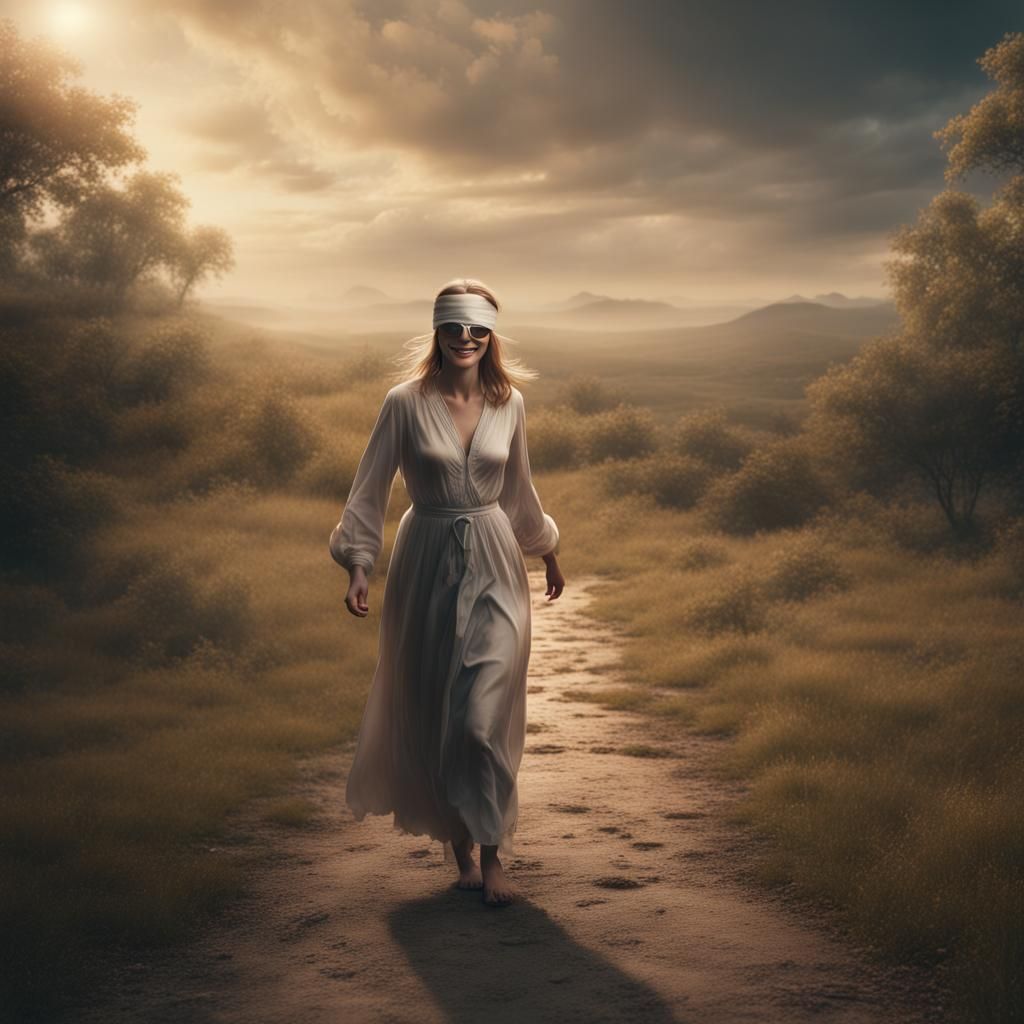 Blindfolded Woman Smiling on a Path