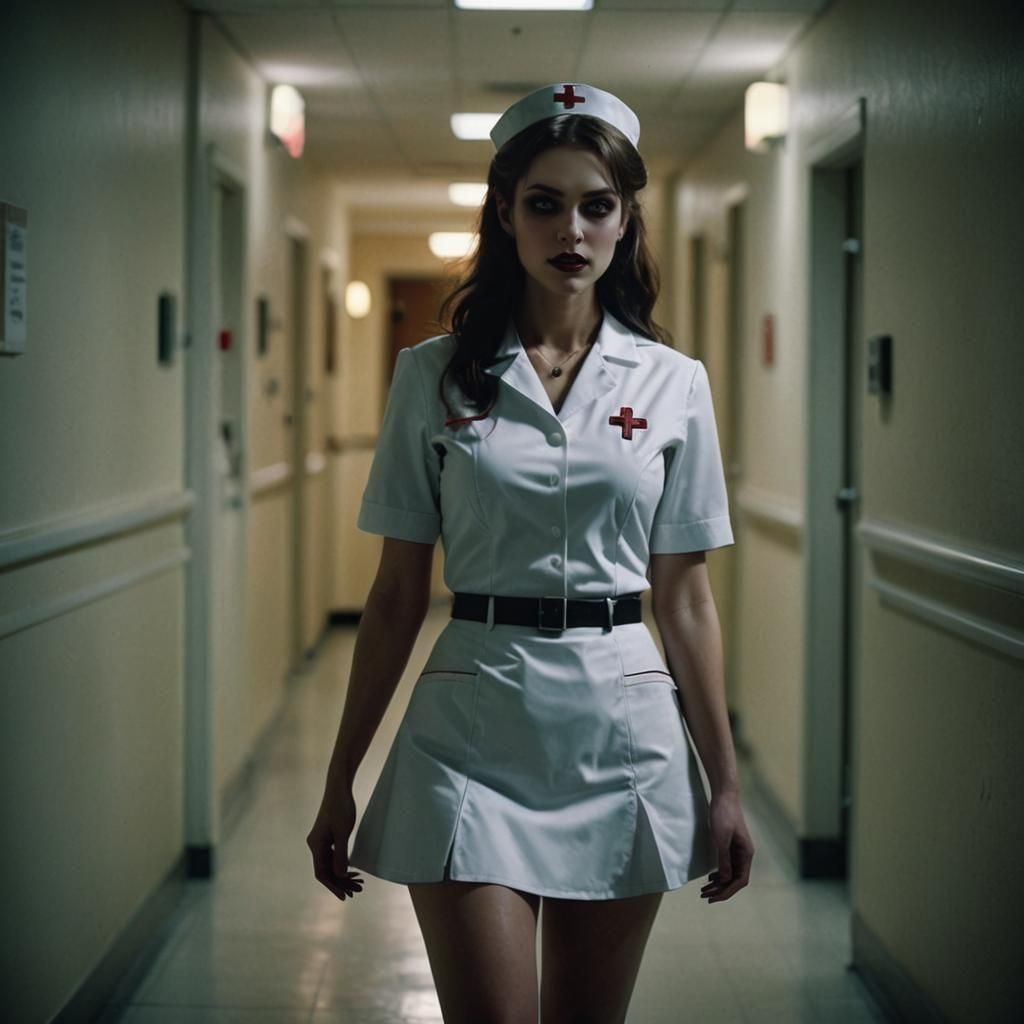 Charming Vampire Nurse in Hospital, Cinematic Portrait