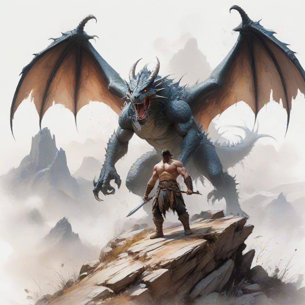 Epic Fantasy Barbarian Battles Dragon in Dramatic Watercolor...